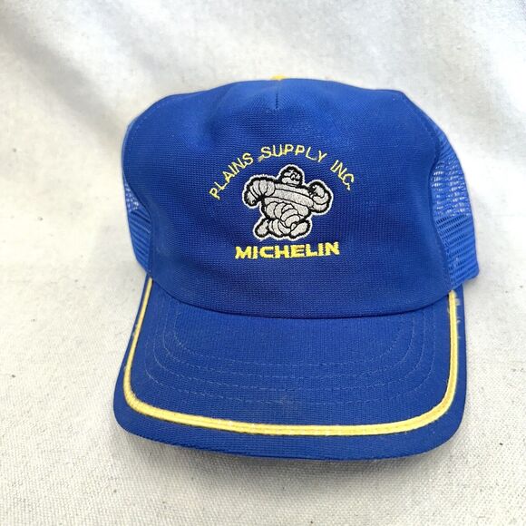 vintage 80s Blue Michelin Plains Supply Snapback Trucker Hat Unisex - Picture 2 of 13